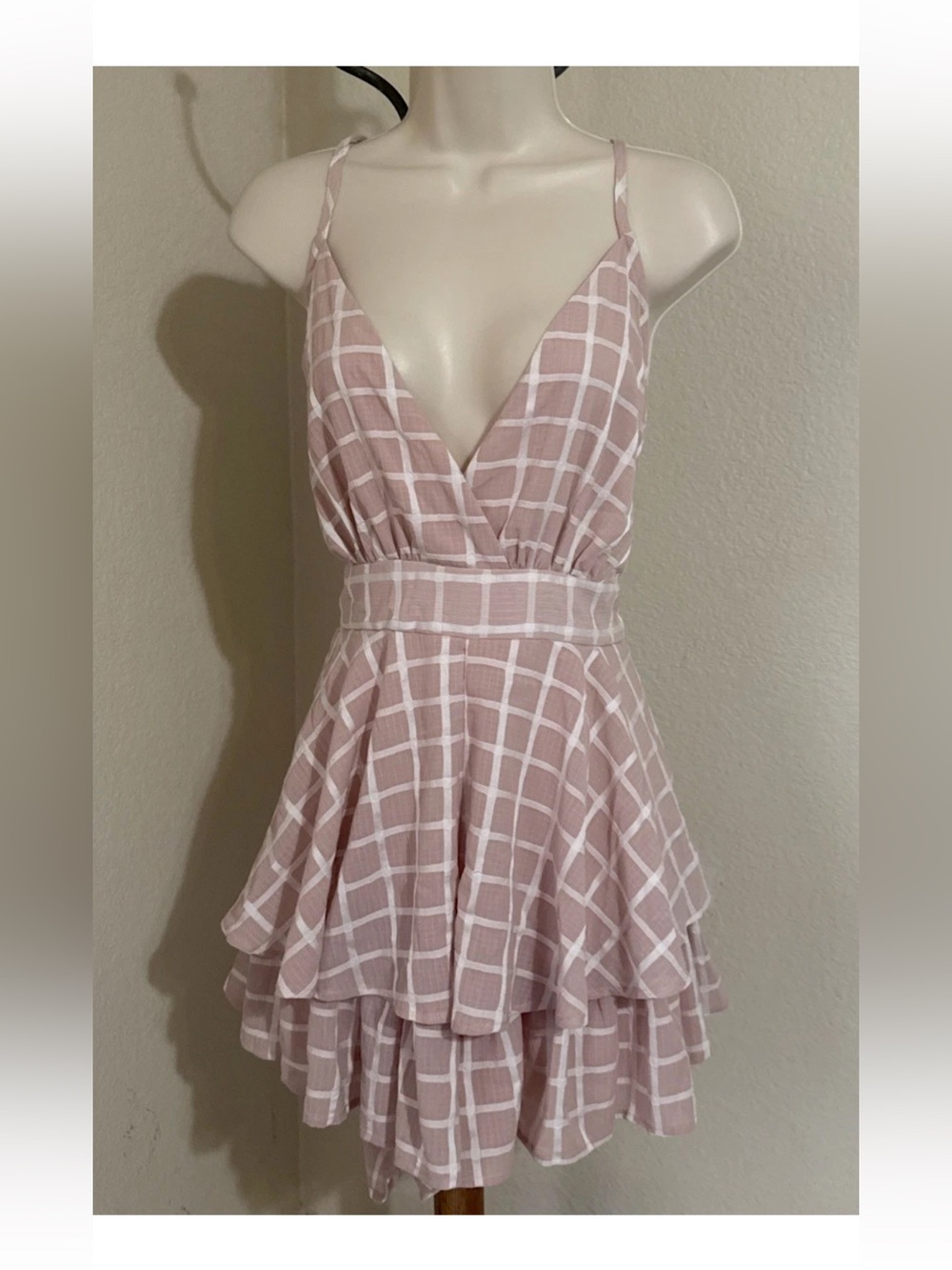 Pink Checkered Spaghetti Strap Deep V Ruffle Mini Dress — Built‑In Shorts